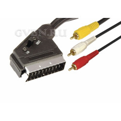 Шнур SCART Plug - 3RCA Plug  с переключателем  1.5М  (GOLD)  (плоский провод)  REXANT